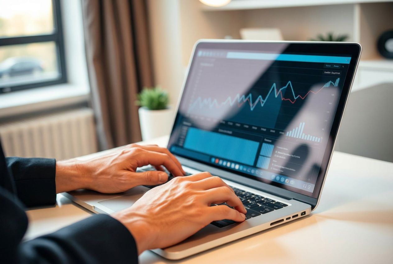 Marketing strategist reviewing analytics dashboard with rising charts